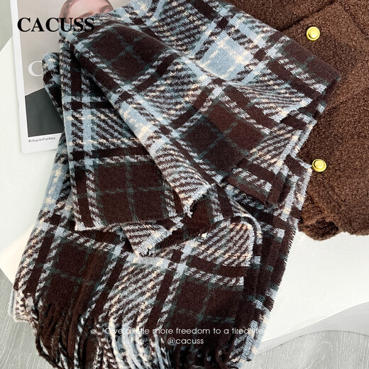 CACUSS Scarf Women's Autumn and Winter Warm Scarf Outdoor Cold-proof Shawl Women's Tassel Design Birthday Gift Blue Brown Check