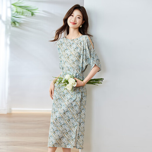 Gold JS Seidenkleid für Frauen mitten in Mode floraler Druck 100% Mulberry Seidenkleid für schlanke und schultere Schulter 9903 2xl