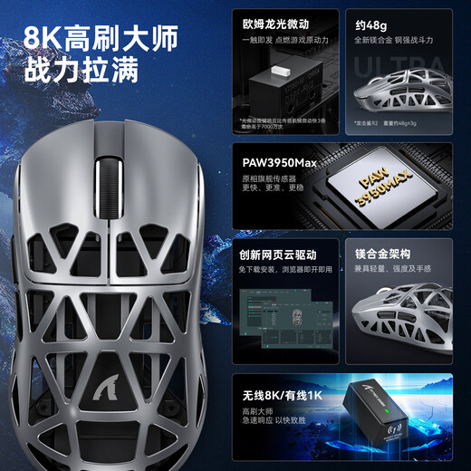 攻击鲨/攻击鲨 R2 镁合金鼠标轻量化镂空电竞游戏鼠标无线蓝牙三模 PAW3395支持8K回报率 标配8K接收器 攻击鲨R2 暮光紫【PAW3950 8K回报率】