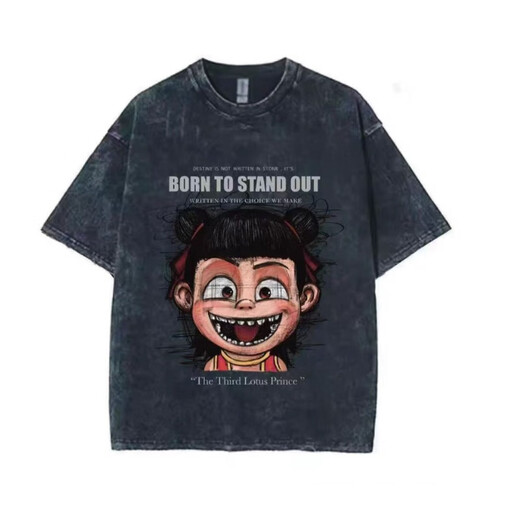 嵘虎 美式高街短袖T恤男生夏季卡通动漫水洗做旧港风潮牌潮流半袖体恤 T673黑色 XL