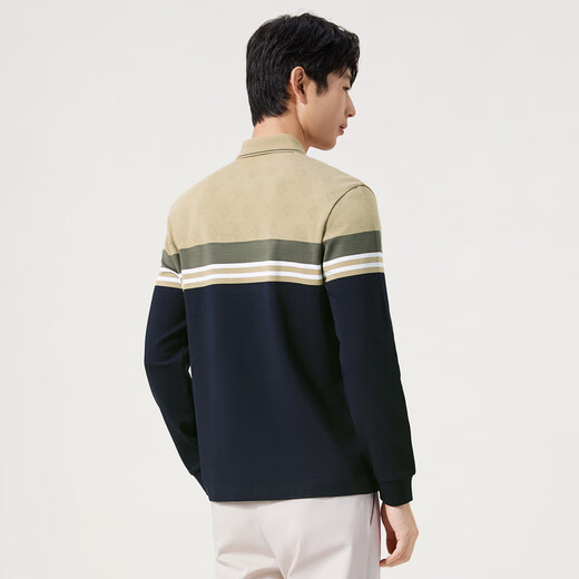 Qipai striped polo shirt/non-deformable collar polo shirt men's long-sleeved autumn business versatile lapel T-shirt khaki L