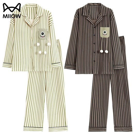 MiiOW spring and autumn cardigan lapel couple pajamas for men and women pure cotton long-sleeved trousers loose casual can be worn outside home clothes suit AM female 34843 male 34844 XL female