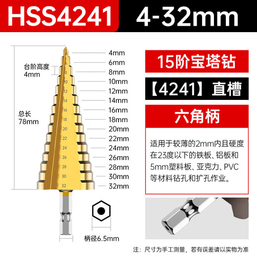 HUHAO hexagonal handle pagoda drill bit high hardness iron plate stainless steel special electric drill drilling step drill bit hole opening expander