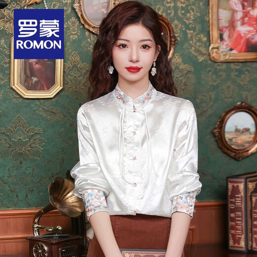 ROMON New Chinese style tassel embroidered stand collar bottoming shirt for women early spring new light national style shirt with horse skirt top white XL 115-125Jin Jin is equal to 0.5 kg