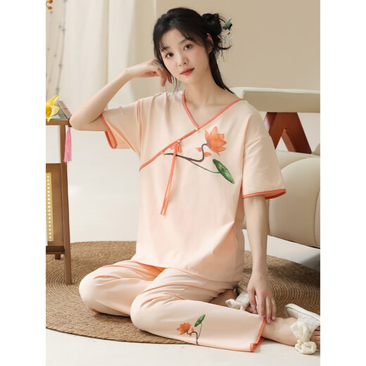 Un juego de pijamas de manga corta para mujeres de verano de 21 Funb con nuevos pantalones de ropa de algodón de algodón de estilo chino, puedes usarlo afuera para ropa casual en verano Lzy9905 m (sugerido 75-95Jin [Jin iguala 0.5 kg])