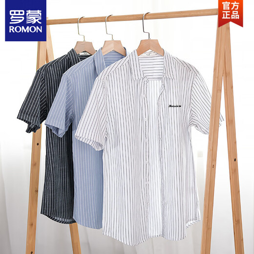 
ROMON men's striped shirt short sleeve loose summer thin Japanese casual versatile cotton shirt summer clothes 9740 black 2XL 145Jin [Jin equals 0.5 kg]