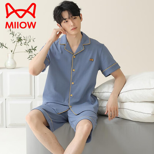 猫人（MiiOW）睡衣男士夏季纯棉短袖短裤开衫薄款大码纯色休闲家居服套装 蓝绿色12801【100纯棉】 L 【建议100-120斤穿】