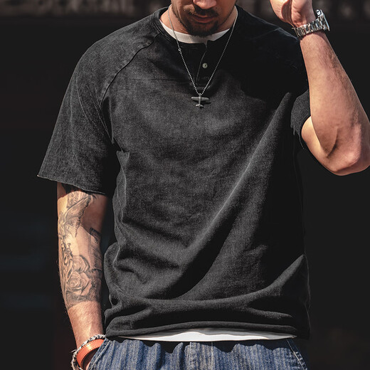 Madden Workwear American Distressed Henley Shirt Pure Cotton Breathable Casual Short Sleeve Ami Khaki Tough Guy T-shirt Men's Trendy Summer Green XL