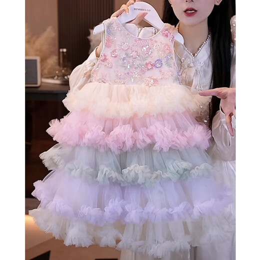Decorated Wen Girl Princess Dress Little Girl Cake Dress Summer Dress 2025 New Sleeveless Dress Western Style Children's Puff Gauze Dress Rainbow Color Tank Top 110 cm