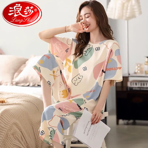 浪莎睡衣女夏季短袖七分裤套装宽松春夏天可外穿家居服 短袖七分裤套装679 M  建议80-95斤穿