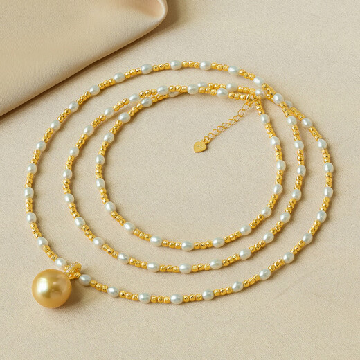 Pearl Queen (PearlQueen) 520 gift seawater gold pearl pendant S925 silver car flower bead 14-15mm sweater chain round strong light slightly flawed