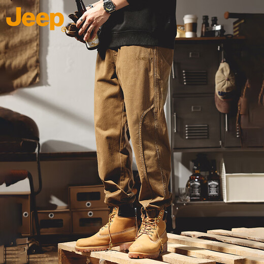 JEEP overalls men's casual pants autumn and winter loose trendy leggings pants men caramel color XL