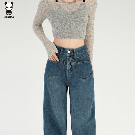 Jeans de hipanda para mujeres en verano Piso de adelgazamiento retro retro Retlamen informal Pantalones de caña ancha alta para mujeres en Retro Blue XS