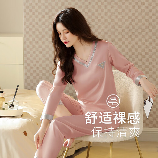 MOKITOUL ice silk pajamas for women long-sleeved summer ladies 2025 new model emulated silk spring and autumn sexy outdoor home clothes 9901 silver grey [long sleeve trousers] M single size