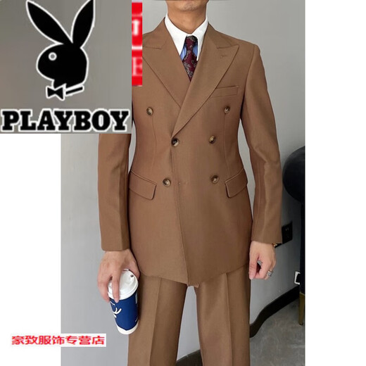 Playboy (PLAYBOY) British retro men's gentleman's slim double-breasted suit suit Korean style fashionable business formal suit two-piece suit black XL suit + pants