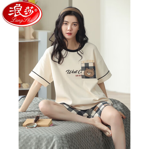 浪莎2025年新款睡衣女夏纯棉短袖短裤春秋款夏天夏款可外穿家居服套装 CKE-6167 M码(80-100斤) 均码