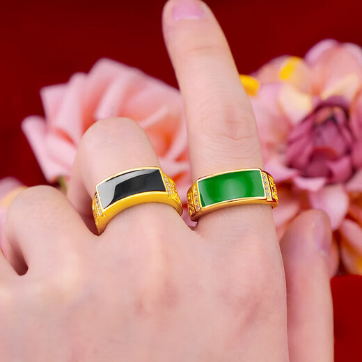 Pure brass electroplated 24k gold men's boss ring Vietnam sand gold gold version gemstone green hair ring source green diamond open ring