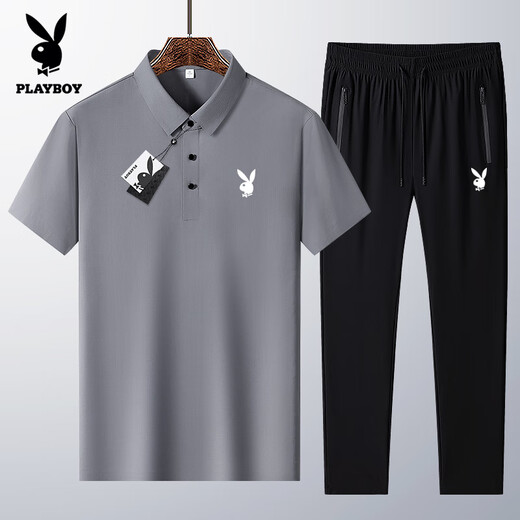 花花公子冰丝短袖运动套装男夏季速干商务休闲POLO衫男中年t恤父亲节衣服 6629-中灰[短+长裤] M 穿90-105斤