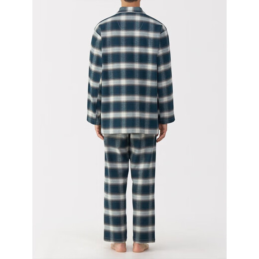 MUJI side seamless flannel pajamas men's home wear winter dark blue plaid 5A L