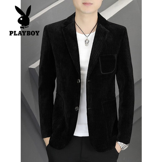Playboy (PLAYBOY) Corduroy Blazer Spring and Autumn Men's Casual Korean Style Slim Fashion Handsome Small Suit Single-piece Top Black 4XL