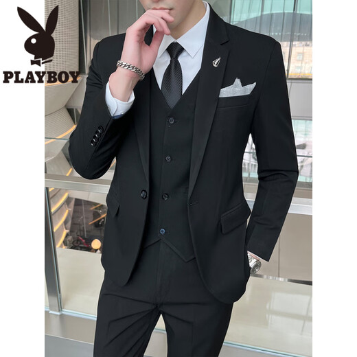 Playboy (PLAYBOY) Suit Suit Men's Casual Business Formal Jacket Korean Style Slim Groomsmen Groom Wedding Dress Suit Three-piece Apricot Suit + Vest + Pants + White Shirt M (98~108Jin Jin equals 0.5 kg)