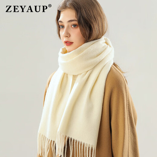 ZEYAUP pure wool scarf for women in autumn and winter, warm scarf for girlfriend, wife, girl, Christmas and New Year birthday gift, milky white, brand high-end light luxury gift box, 180*32cm