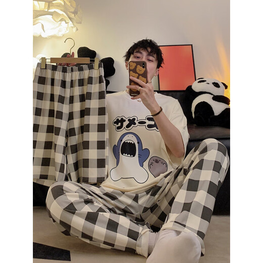 Kangduomi Pure Cotton Herren Pyjamas Drei-teilige Kurzarm-Shorts Hose Frühling und Sommer Runder Baumwoll-Hals-Cartoon Hai Drei-Student TFN [Drei-teiliger Set] A5012 Dingdang Cat l Männer [100-120jin [Jin gleich 0,5 kg]]]