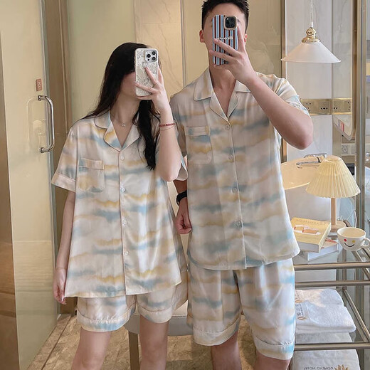 Cardigan couple pajamas women summer air conditioning clothes rayon home clothes cotton silk men can be worn outside short-sleeved cotton silk suit thin 9902 tie-dyed amber XL
