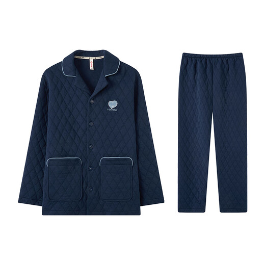 Fenton couple pajamas 7A antibacterial outer layer pure cotton 2025 autumn and winter new warm air sandwich home wear set can be worn outside Sapphire Blue - Men's L