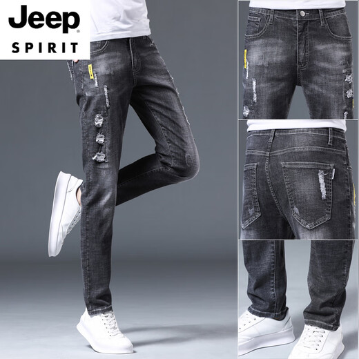 JEEP SPIRIT Summer Thin Jeans Men's Slim Small Foot Men's Pants Ripped Holes Trendy Brand Stretch Slimming 2025 Men's Long Pants 6636 Black 33