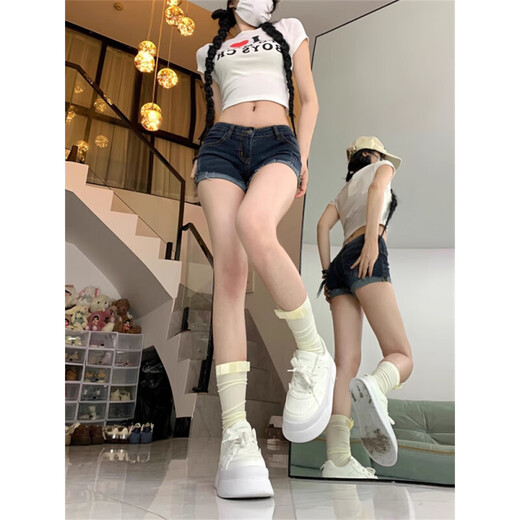 Bai Qixin Korean style retro denim shorts for women, low-waisted, exposed navel, elastic tight-fitting, slimming buttocks, rolled hems, fashionable and versatile hot pants for women, cuffed denim shorts (size is too small, please take the larger size) M (95-105Jin Jin is equal to 0.5kg)