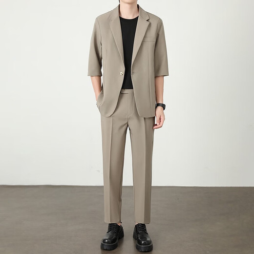 Light and mature style Korean style loose summer thin men's suit two-piece set gray set 3XL