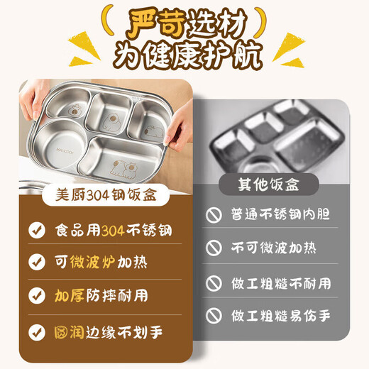 
Meichu (MAXCOOK) 304 stainless steel fast food plate lunch box with lid canteen dining plate rice plate cooking plate student lunch box divided lunch box five grid plate capibala MCWA7374