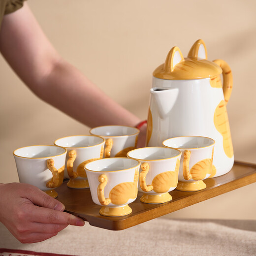 DearDali wedding gift for newlyweds, girlfriends, wedding, engagement, high-end practical living room water cups and water sets, complete tea set set, high-end gift box, orange cat water set, one pot, six cups + tray