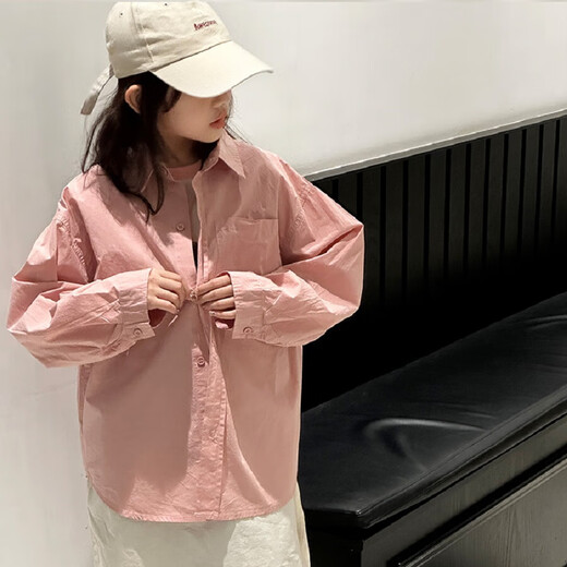 BJT Girls' Long Sleeve Shirt 2025 New Big Children's Spring and Autumn Style Fashionable Shirt Children's Autumn Casual Shirt Pink 130 cm