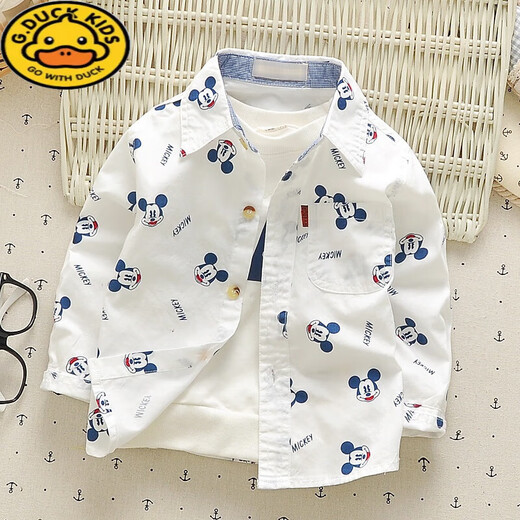 G.duck pure cotton boys long-sleeved shirt 2026 autumn children's shirts baby tops children's baby spring and autumn coats children's clothing Mickey white 120 label 12 recommended height around 110