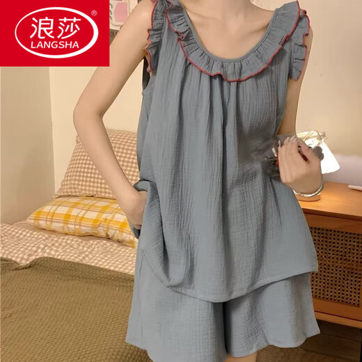 LangSha Korean style ins style sexy backless cotton nightgown for women summer sleeveless ruffled loose pajamas summer home wear 6187 denim blue vest + shorts L 165