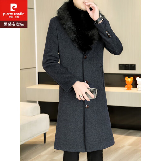 Pierre Cardin autumn and winter men's extended length knee-length woolen coat jacket trendy business men's thickened fur collar woolen windbreaker black XL