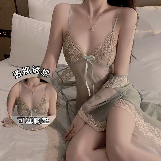 瑰若性感网纱透视吊带睡裙大码外袍套装 P3886绿色(外袍+腰带) 均码
