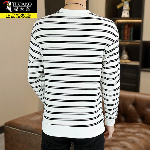 Woodpecker Striped Men's Long Sleeve T-Shirt Round Neck Slim Casual Fashion Handsome Youth Versatile Trendy Sweater Bottoming Shirt 3376 White Regular Style XL Recommended Weight 135-150 Jin Jin equals 0.5 kg