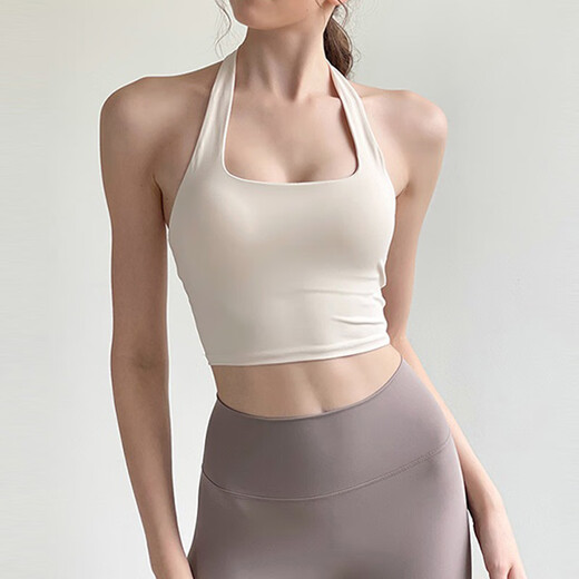 Tianyi sports bra for women with chest pads, beautiful back, shockproof halter neck yoga wear set, Pilates bra, fitness vest, ivory white M