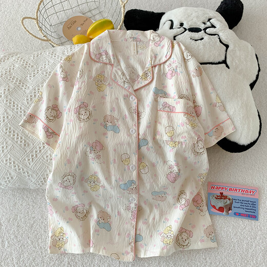 Catman Miiow Drei-teilige Pyjamas für Frauen im Sommer kurzärmelige Hose süße Cartoon-Strickjäde Girl Cloud Cotton Summer Home Clothing Set JS-9905# Schwarzes Liebes-drei-Stück-Kurzärärmel-Top + M 155-162 Gewicht 100 Jin [Jin gleich 0,5 kg]