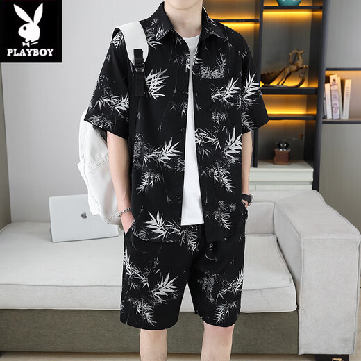 Playboy (Playboy) gutaussehendes Hemd für Herren Sommereis-Silkanzug High-End-Blumenhemd-Shorts Shorts Strand Zweiteiler Set 679 Weißer Anzug M 110jin [Jin gleich 0,5 kg]