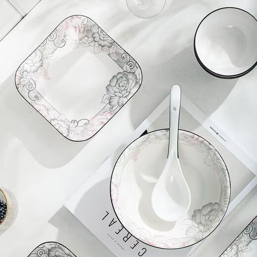 Ceramic soup bowl, large thickened Chinese tableware, rice bowl, rich peony bamboo hat bowl, 2 pieces (without spoon)