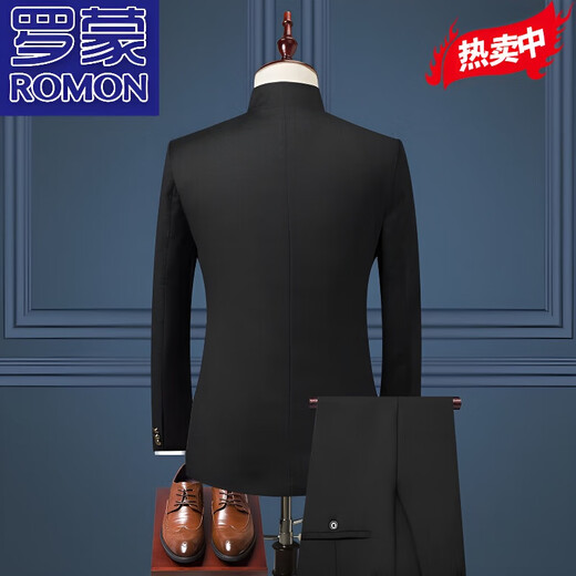ROMON high-end suit suit men's Chinese suit national trend Chinese style large size stand collar three-button tunic suit three-piece suit black (jacket + vest + pants) 2XL three-piece suit