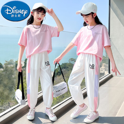 迪士尼（Disney）女童运动套装2025新款洋气时髦短袖儿童休闲夏季大童夏装女孩衣服 18209渐变9889白色 160 cm