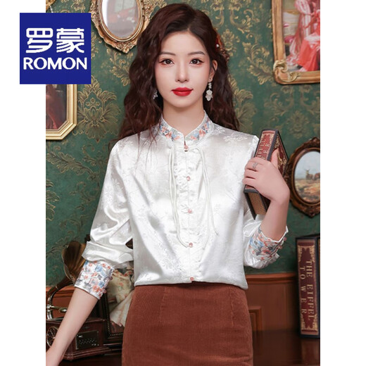 ROMON New Chinese style tassel embroidered stand collar bottoming shirt for women early spring new light national style shirt with horse skirt top white XL 115-125Jin Jin is equal to 0.5 kg