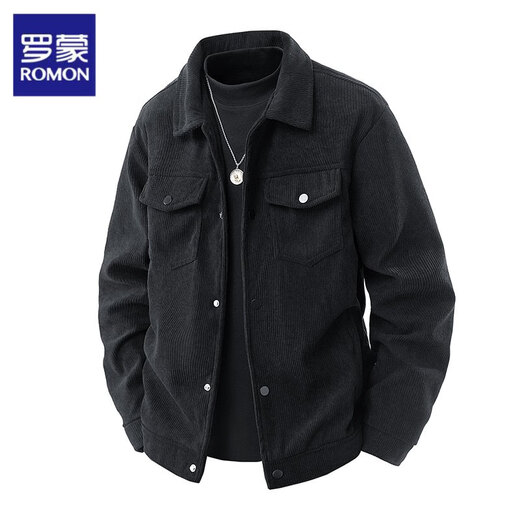 ROMON Jacket Men's Corduroy Jacket Men's 2025 Autumn New Lapel Versatile Trendy Top Clothes Maillard Men's YHB-2511 Black XL