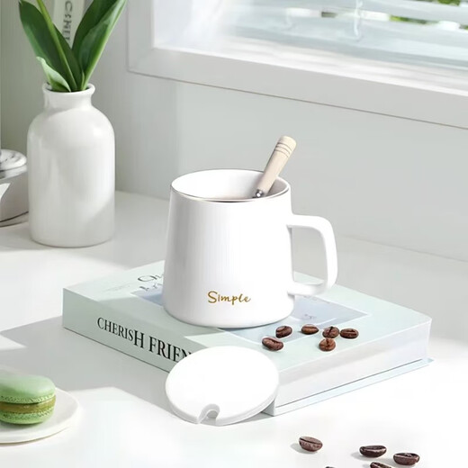 Chuanqi Ceramic Mug with Spoon Lid Coffee Cup Milk Cup Breakfast Cup Office Cup Men's and Women's Tea Cup Gold and White 400ml