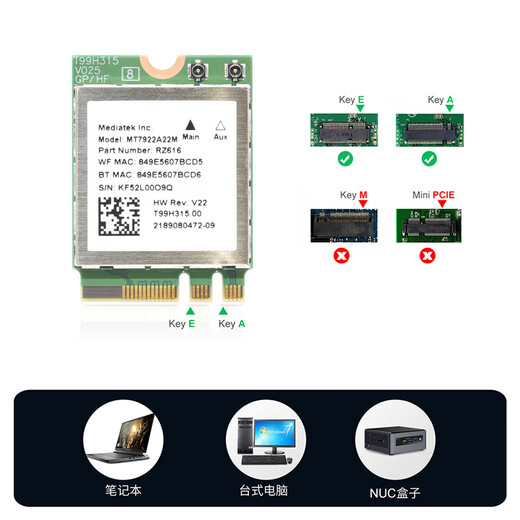 GxlinkstarMT7922 MT7925 MT7927 Tarjeta de red inalámbrica Gigabit wifi 6G tribanda incorporado Bluetooth 5.4 receptor de computadora compatible con AMD RZ616 Linux Openwrt paquete Tarjeta de red MT7922 + antena incorporada